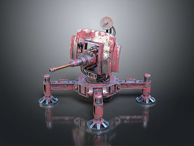 Red Mechanical Vehicle With Cannon Barrel And Four Wheeled Metal Stand Structure 3d model