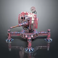 Red Mechanical Vehicle With Cannon Barrel And Four Wheeled Metal Stand Structure