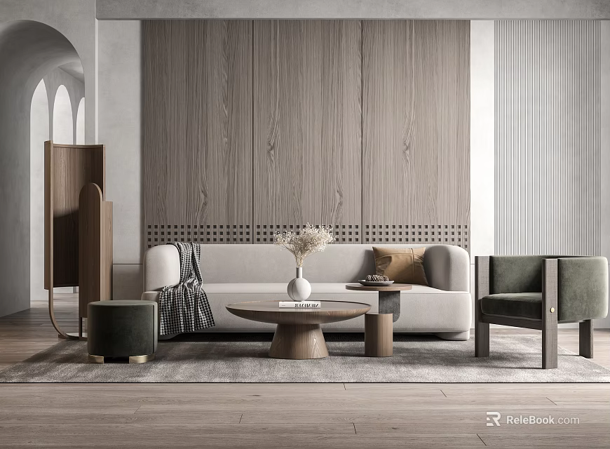 Modern Sofa And Coffee Table Set With Wooden Wall Panel Armchair Decorative Vase And Rug 3d model 