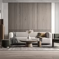 Modern Sofa And Coffee Table Set With Wooden Wall Panel Armchair Decorative Vase And Rug