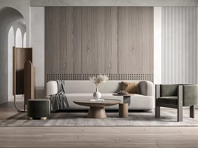 Modern Sofa And Coffee Table Set With Wooden Wall Panel Armchair Decorative Vase And Rug 3d model