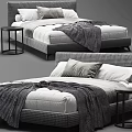 Modern Double Bed With Houndstooth Upholstery Knit Blanket Pillows And Side Table 3d model
