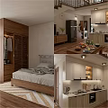 Modern Open Apartment Interior With Bedroom Wardrobe Kitchen Cabinets And Island
