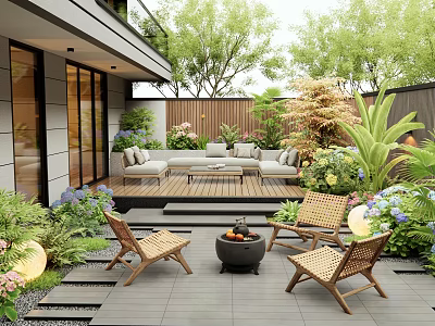 Modern Courtyard Garden With Wooden Deck Sofa Greenery Wicker Chairs Fire Pit And Lighting 3d model