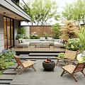 Modern Courtyard Garden With Wooden Deck Sofa Greenery Wicker Chairs Fire Pit And Lighting