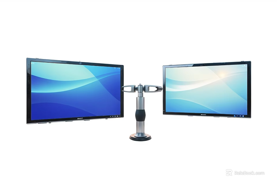 Dual Computer Monitors Mounted on Adjustable Stand Displaying Blue White Wave Patterns 3d model 