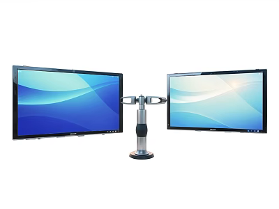 Dual Computer Monitors Mounted on Adjustable Stand Displaying Blue White Wave Patterns 3d model