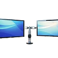 Dual Computer Monitors Mounted on Adjustable Stand Displaying Blue White Wave Patterns