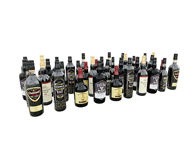 Elegant Assorted Wine Bottles and Glasses Arranged in Collection on White Background 3d model