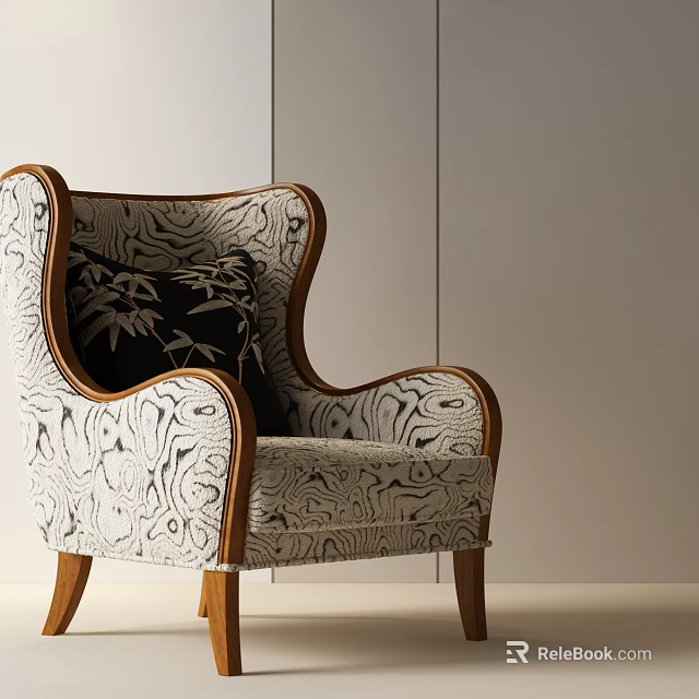 Elegant Accent Chair with Bamboo Leaf Pattern Cushion and Black White Swirl Upholstery 3d model 