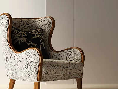Elegant Accent Chair with Bamboo Leaf Pattern Cushion and Black White Swirl Upholstery 3d model