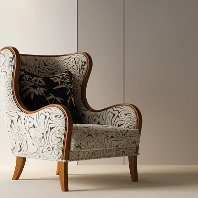 Elegant Accent Chair with Bamboo Leaf Pattern Cushion and Black White Swirl Upholstery 3d model