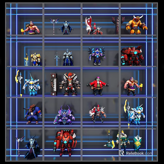 Diverse Game Character Action Figures In Grid Display Shelf Collection 3d model