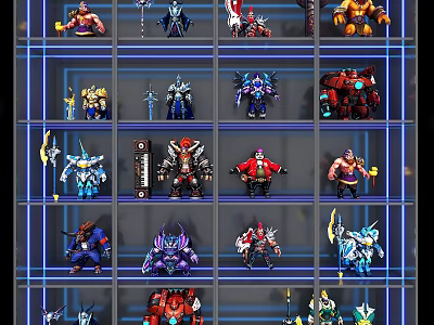 Diverse Game Character Action Figures In Grid Display Shelf Collection 3d model