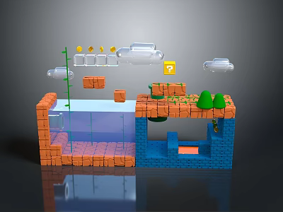 Cartoon Game Scene With Brick Platforms Green Pipes Clouds And Coins 3d model