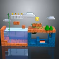 Cartoon Game Scene With Brick Platforms Green Pipes Clouds And Coins 3d model