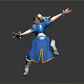 Female Martial Artist Character In Action Pose With Blue Outfit Brown Pants And White Boots