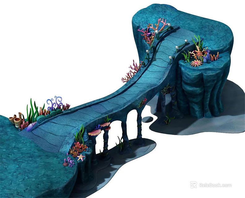 Underwater Bridge Surrounded by Colorful Coral Reefs Rock Formations and Seaweed 3d model 