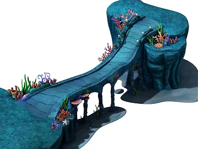 Underwater Bridge Surrounded by Colorful Coral Reefs Rock Formations and Seaweed 3d model