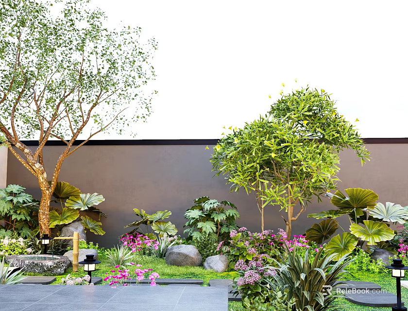 Outdoor Garden Plant Combination With Tall Trees Green Shrubs Purple Flowers Stones And Pathway 3d model 