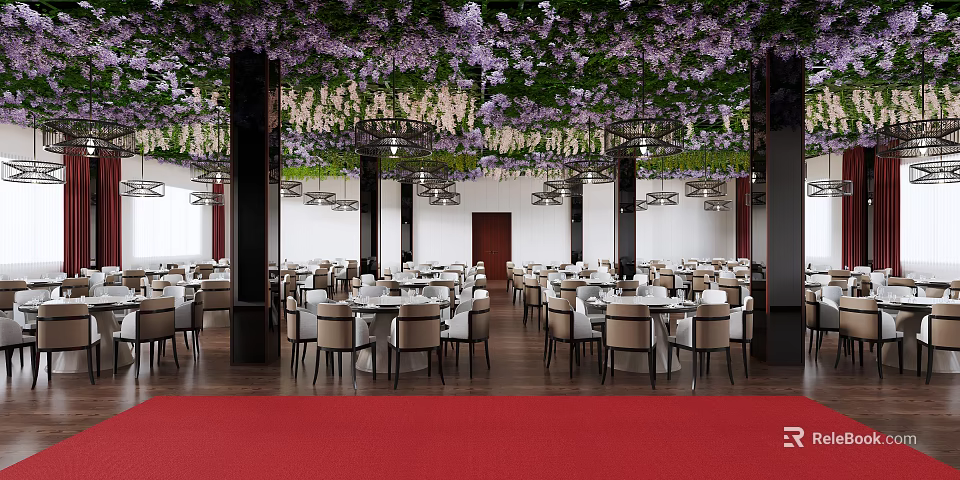 Elegant Banquet Hall with Purple Wisteria Ceiling Greenery Chandeliers White Walls and Red Carpet 3d model 