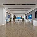 Smart Life Exhibition Hall With White Display Tables Smart Devices Screens And Green Plants