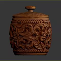 Intricately Carved Wooden Decorative Ornament With Swirl Patterns And Lid Design