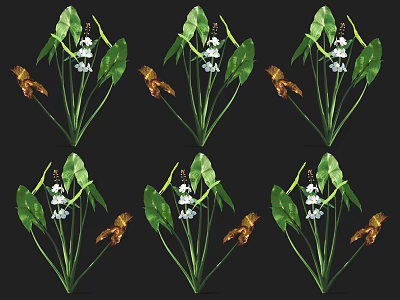 Beautiful Lush Aquatic Plants With Green Leaves Small White Flowers And Butterflies 3d model