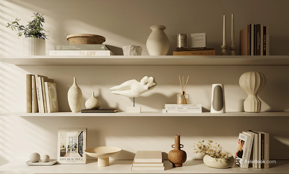 Stylish Decorative Ornaments Set On Shelf Featuring Vases Books Sculpture Bowls Diffusers And Plants 3d model 