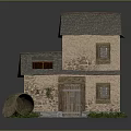 Detached Villa With Stone Exterior Gray Roof Wooden Door Windows And Green Plants