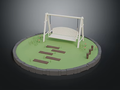 Outdoor Swing Chair With White Wooden Frame In Circular Grass Area And Wooden Pathway 3d model
