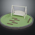 Outdoor Swing Chair With White Wooden Frame In Circular Grass Area And Wooden Pathway