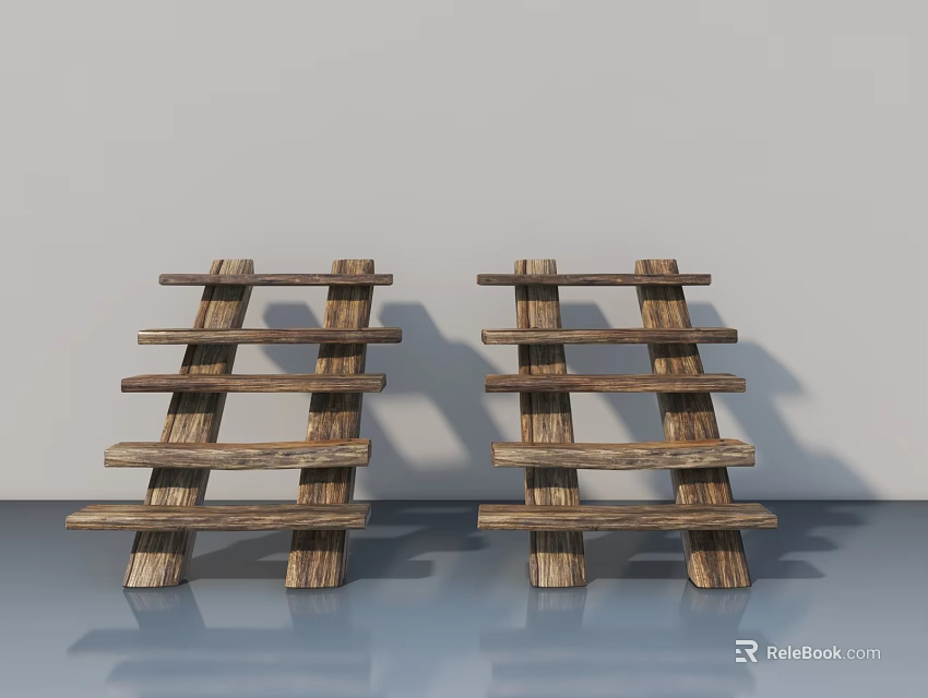 Wooden Swing Doors With Ladder Like Panel Design On Blue Smooth Surface 3d model