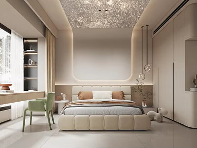 Modern Bedroom Interior With Large Bed Rounded Headboard Green Chair And Built In Wardrobe 3d model