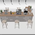 Modern Wooden Bar Counter With Hanging Lights Stools Coffee Machines And Plants