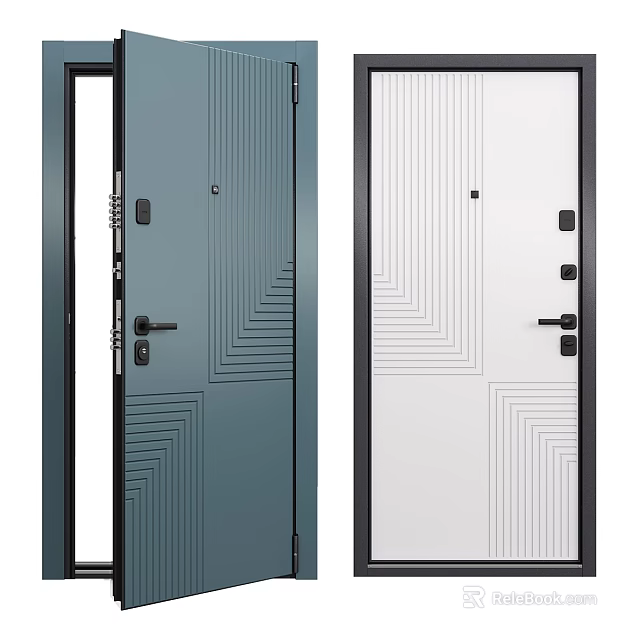 Modern Gray and White Swing Doors Featuring Geometric Line Patterns and Black Handles 3d model 