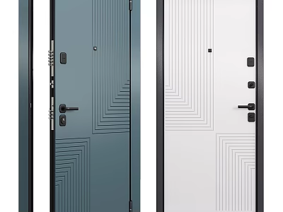 Modern Gray and White Swing Doors Featuring Geometric Line Patterns and Black Handles 3d model