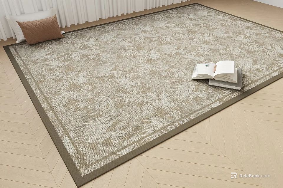 Square Rug With Beige Brown Botanical Leaf Pattern On Wooden Floor And Open Book 3d model 