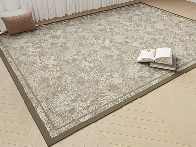Square Rug With Beige Brown Botanical Leaf Pattern On Wooden Floor And Open Book 3d model