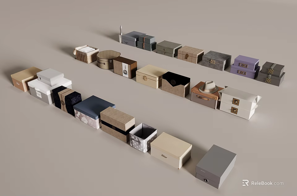 Various Storage Boxes In Different Colors And Materials With Open Closed Designs 3d model 