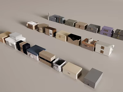 Various Storage Boxes In Different Colors And Materials With Open Closed Designs 3d model