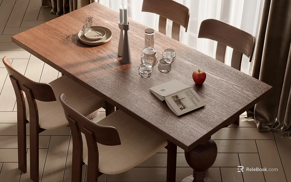 Rustic Wooden Dining Table Set With Chairs Dinnerware Candle Holder Apple And Book 3d model