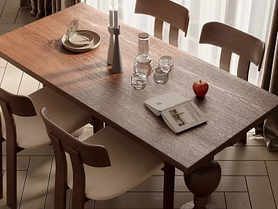 Rustic Wooden Dining Table Set With Chairs Dinnerware Candle Holder Apple And Book 3d model