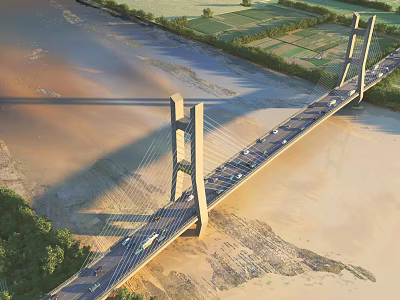 Aerial View Of Cable Stayed Bridge Over River With Vehicles And Greenery 3d model