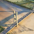 Aerial View Of Cable Stayed Bridge Over River With Vehicles And Greenery