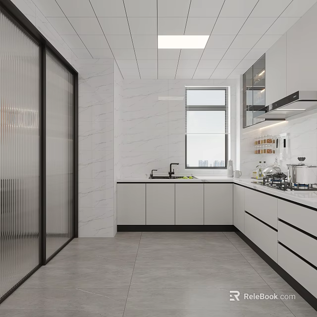 Modern Kitchen Interior With White Cabinets Marble Countertops And Window 3d model