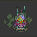 Biomechanical Character With Purple Hair Green Goggles Mechanical Antennas And Floating Green Cubes