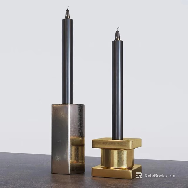 Metal Candle Holders With Square Base And Cylindrical Gold Dark Black Design 3d model 