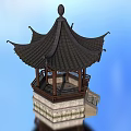 Traditional Ancient Chinese Pavilion Featuring Curved Roof Intricate Carvings And Water Reflection