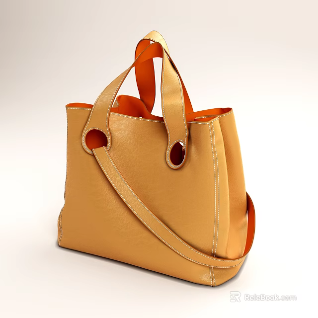 Tan Leather Tote Bag With Top Handles Decorative Buckles Adjustable Shoulder Strap And Orange Interior 3d model 